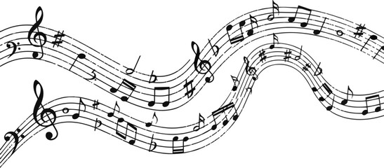 Create a Music notes wave. Flowing musical staff lines with notes, clefs and melody rhythm patterns in dynamic circular, spiral and wavy shapes. Elegant swirling compositions for posters vector art. © al
