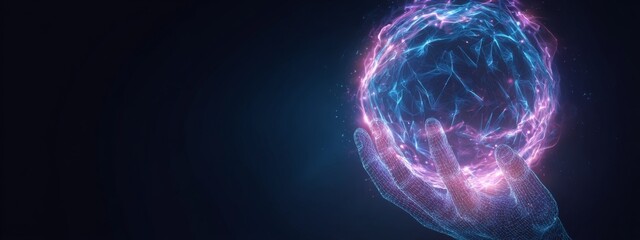 Glowing Holographic Sphere in Futuristic Energy Healing Concept with Hand Representation