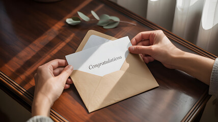Opening a congratulations card, perfect for celebrating milestones and achievements with heartfelt sentiments