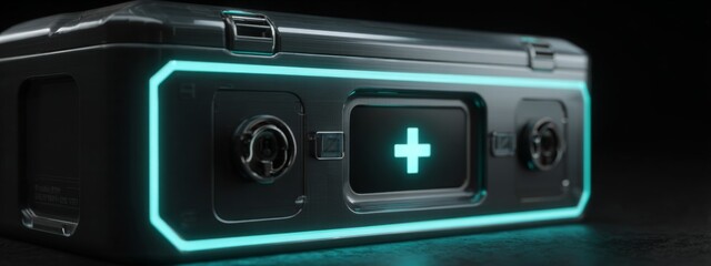 Fototapeta premium Glowing Futuristic Medicine Storage Box with Digital Display and LED Accent for High-Tech Healthcare Solutions