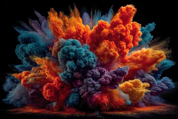 Fototapeta premium Colorful smoke explosion in vibrant shades creating a stunning visual display in a dark background
