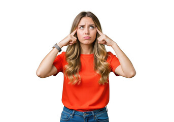 Woman with fingers in ears blocking noise frustrated expression against isolated black background transparent background
