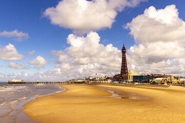 Blackpool Tower across Blackpool beach and Promenade 