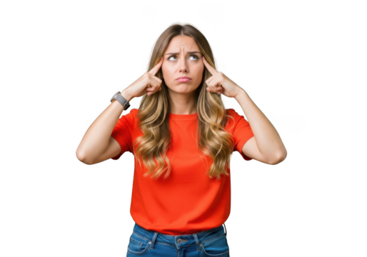 Woman with fingers in ears blocking noise frustrated expression against isolated black background transparent background