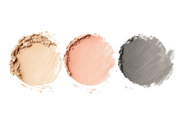 Three circular makeup samples, light beige, peach, and grey.  Each sample has a slightly irregular, smudged appearance