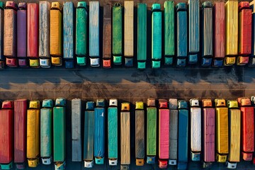 Aerial drone view of colorful cargo trucks parked side by side in a vast truck park, forming a sea of vibrant colors along the road