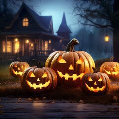 Fototapeta premium Pumpkins with scary Halloween faces on a haunted house background