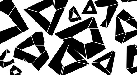Fototapeta premium A modern black and white background with scattered abstract triangular shapes. The geometric forms are fragmented, creating a futuristic, crystalline pattern.
