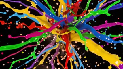Dynamic Paint Splashes with Yellow Red Blue and Green Hues on a Black Background Highlighting Artistry Motion and an Abstract Composition