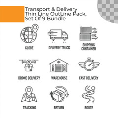 Transport and Delivery Thin Line Outline Icons Pack of 9 on white transparent background