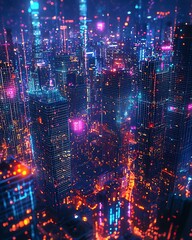 Obraz premium Futuristic neon city skyline glowing lights high resolution picture
