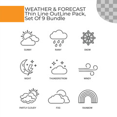 Weather and Forecast Thin Line Outline Icons Pack of 9 on white transparent background