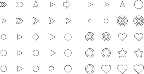 Create a kinds of deferent Bullet points. Minimalistic bullet point icons with arrows, dots and star, heart shapes. Vector set for UI UX design, web development, presentations and Vector art.
