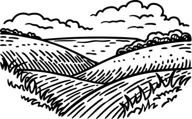 Fototapeta premium Rolling hills landscape illustration, black and white sketch countryside scene with fields, grass, and clouds