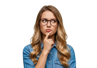 Thoughtful woman wearing glasses pondering an idea with finger on chin portrait transparent background