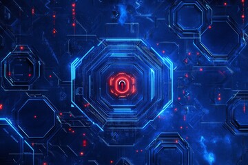 A blue background with hexagons and digital symbols representing security, such as padlocks or computer circuits. In the center is an icon of a lock on a red button
