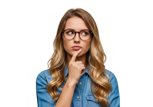 Thoughtful woman wearing glasses pondering an idea with finger on chin portrait transparent background