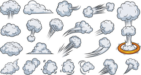 Create a kinds of deferent Cartoon smoke clouds white steam and vapor puffs, explosion and dust swirl elements, fog and mist shapes, comic style air blast game graphics, gas trail, vector art.