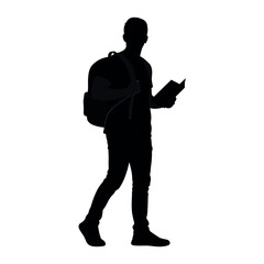 Vector illustration of silhouette of a student with a backpack reading a book