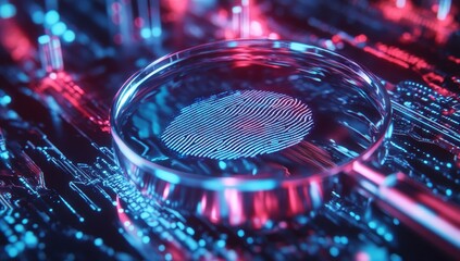 A digital fingerprint being digitized by the mainframe computer, with blue and red lighting effects in an abstract background of circuitry