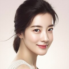 Fototapeta premium A close-up portrait of a woman showcasing smooth, flawless skin and elegant makeup, set against a soft, muted backdrop.