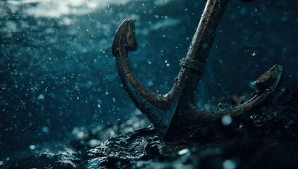 An anchor submerged in dark, stormy ocean water
