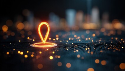 Glowing location pin on dark digital backdrop