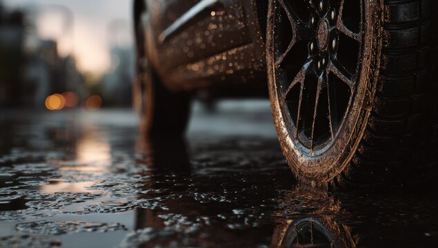 Close-up of a muddy tire on a wet street