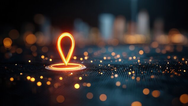 Glowing location pin on dark digital backdrop - Powered by Adobe