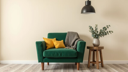 Cozy green armchair with yellow cushions, soft blanket, and decorative plant on wooden table creates warm atmosphere