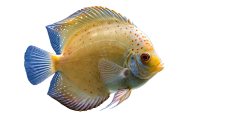 A golden discus fish gliding gracefully against a white background png. The fish is illuminated from the front, highlighting its smooth, oval-shaped body with a radiant golden-yellow hue.