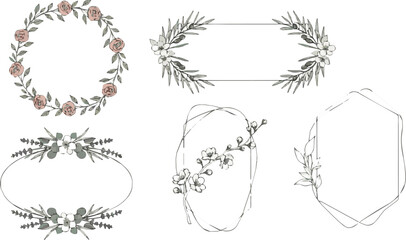 Create a kinds of deferent Elegant floral frames. Minimalist botanical borders with flower branches, modern decorative silhouettes for wedding invitation card logo. vector art with white background..