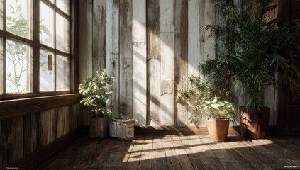 Sunlit room with wooden walls and plants