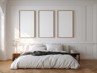 A white bedroom with a bed, nightstand, and three empty picture frames