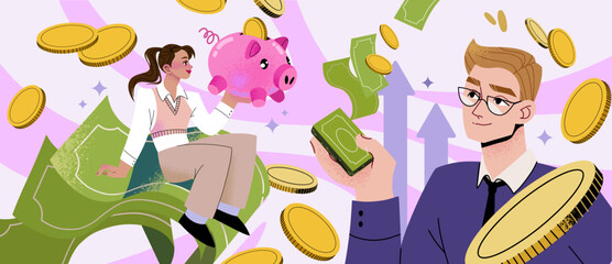 Banner with people, coins, green dollar paper and piggy bank floating in the air. Money saving, investment consultation service, personal financial consultant, Making Money banner 