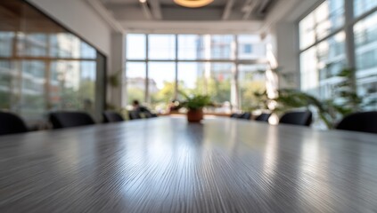 Fototapeta premium Blurred view of a light-toned meeting table in a bright, modern office