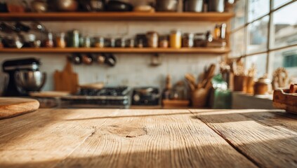 Blurred kitchen countertop, warm light
