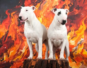 Two white bull terriers on a stump against a fiery backdrop