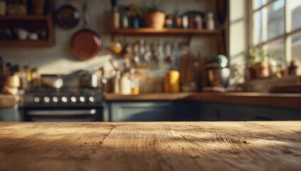 Rustic kitchen countertop in warm sunlight