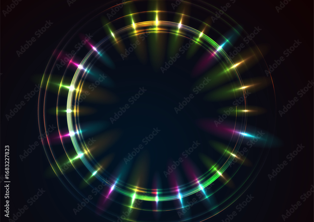 Poster multicolored neon laser rings with rays abstract background. technology vector design