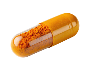 A single, orange-yellow capsule.  Inside, visible, is a vibrant orange-yellow powder filling.  The capsule is slightly angled,  and the clear section displays the powder