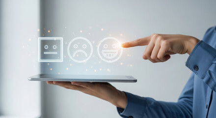 Hand of a business professional interacting with a digital tablet displaying emoticons, representing feedback and user experience in a modern office environment with soft lighting