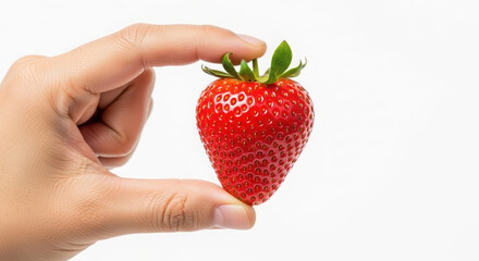 Obraz premium Hand holding a fresh, ripe strawberry with vibrant red color and green leaves against a clean white background, showcasing the fruit's natural beauty and freshness