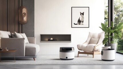 A living room with a fireplace and a chair