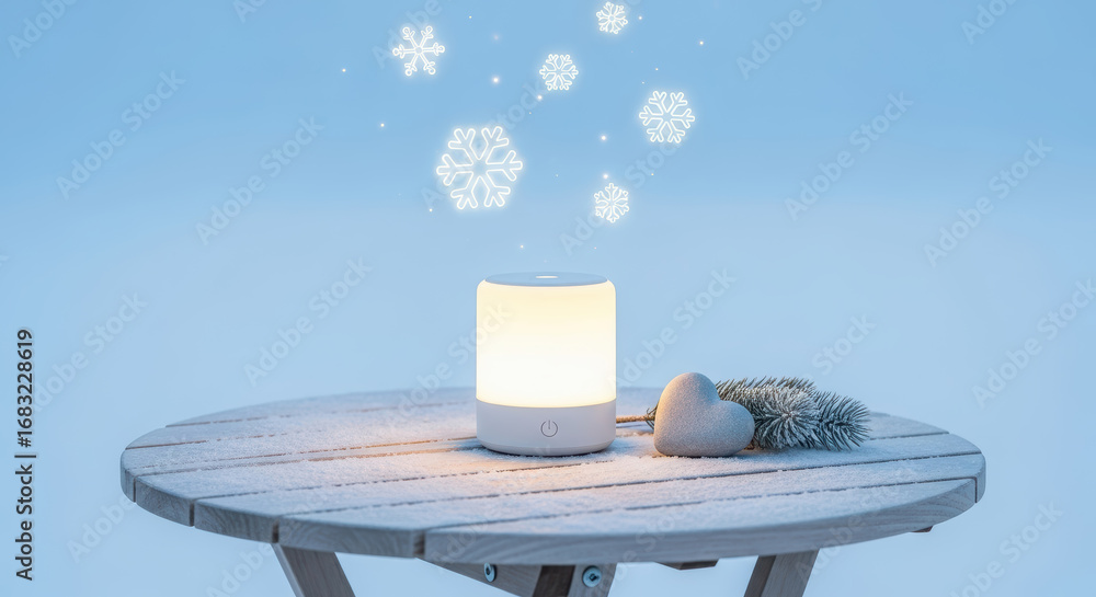 Poster soft glowing lamp on wooden table surrounded by snowflakes and decorative elements, creating a cozy 