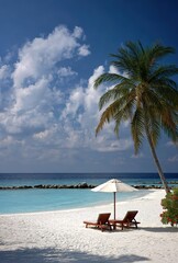 Fototapeta premium a white sand beach with chairs and an umbrella in the middle, a palm tree on the right side, and a blue sky with clouds