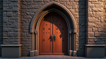 Fototapeta premium Grand entrance featuring large wooden door with intricate metalwork, set against textured stone wall. warm light casts shadows, enhancing