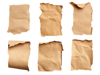 Collection of wrinkled kraft paper pieces in beige tone, isolated on transparent cutout background