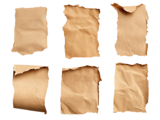 Collection of wrinkled kraft paper pieces in beige tone, isolated on transparent cutout background