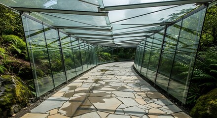 Contemporary glass tunnel pathway into tranquil garden setting landscape